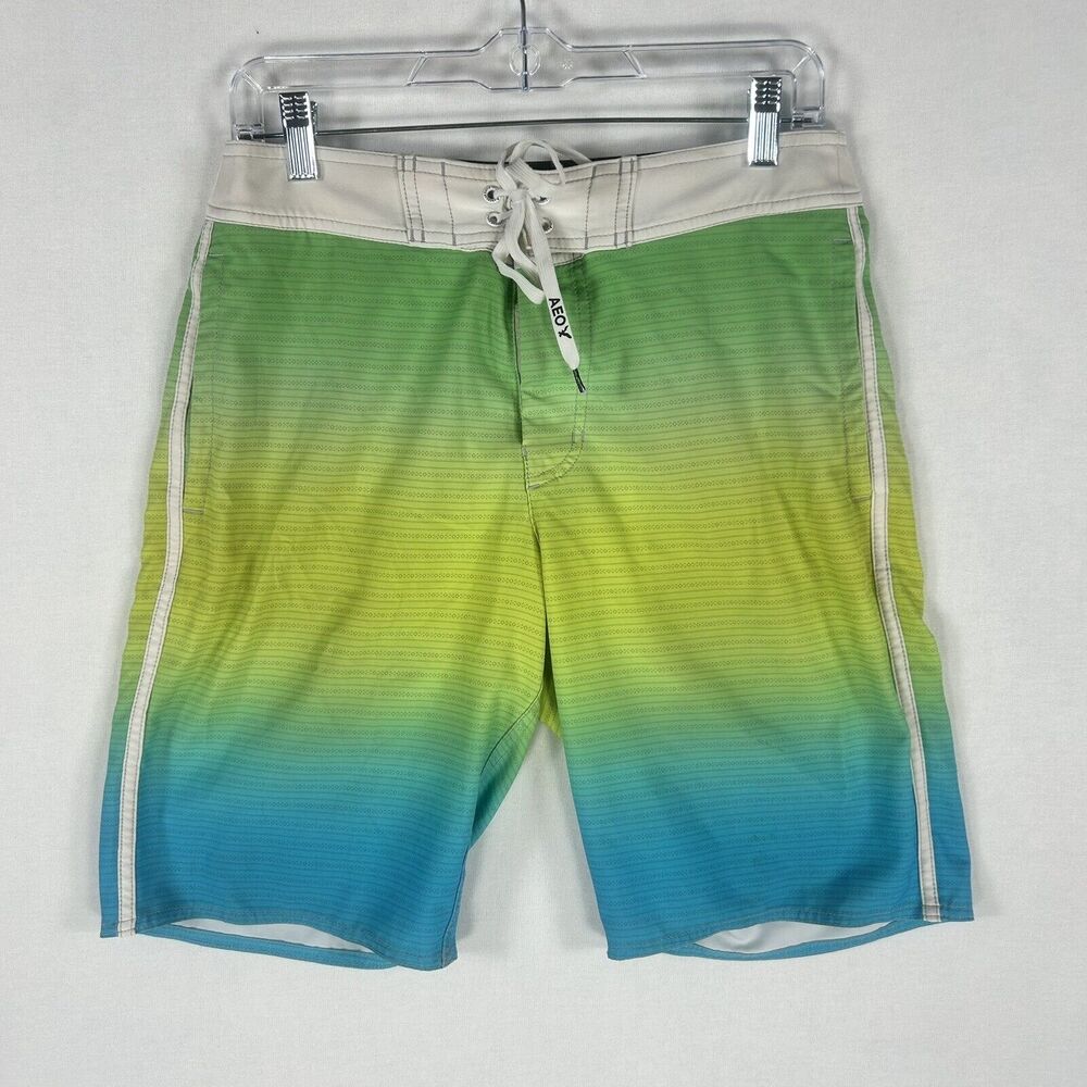 American Eagle Board Shorts Small Green Blue Yellow Swimsuit Swim Trunks Pockets